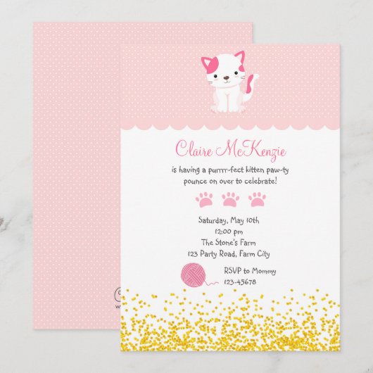 Invitation d'anniversaire de Kitten (Cute Kitty Ca (Devant / Derrière)