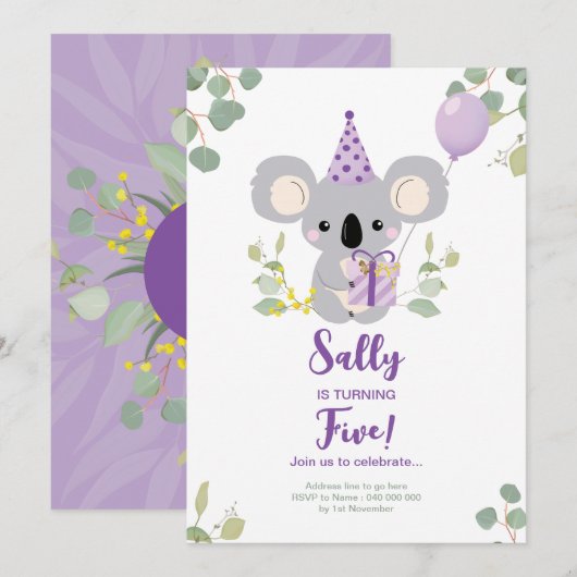 Invitation d'anniversaire de Koala (Devant / Derrière)
