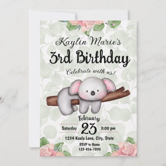Invitation d'anniversaire de Koala (Devant)