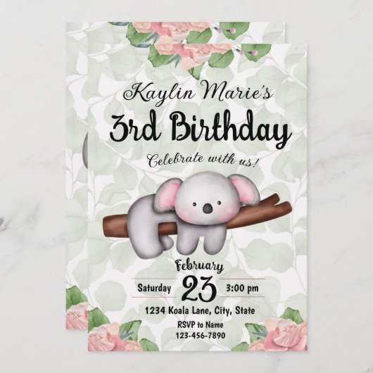 Invitation d'anniversaire de Koala (Devant / Derrière)