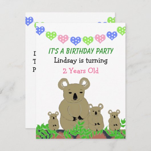 Invitation d'anniversaire de Koala (Devant / Derrière)