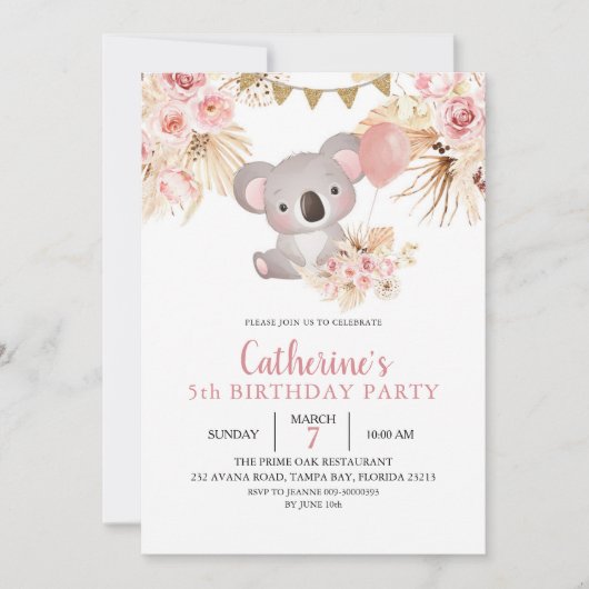 Invitation d'anniversaire de Koala et Pampas Grass (Devant)