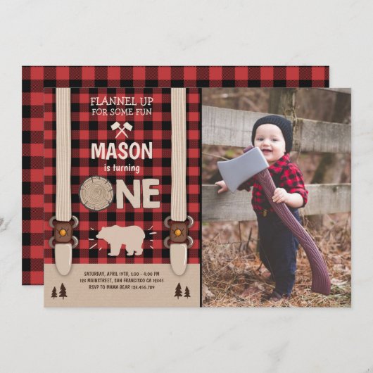 Invitation d'anniversaire de la bûcheron Rouge pla (Devant / Derrière)