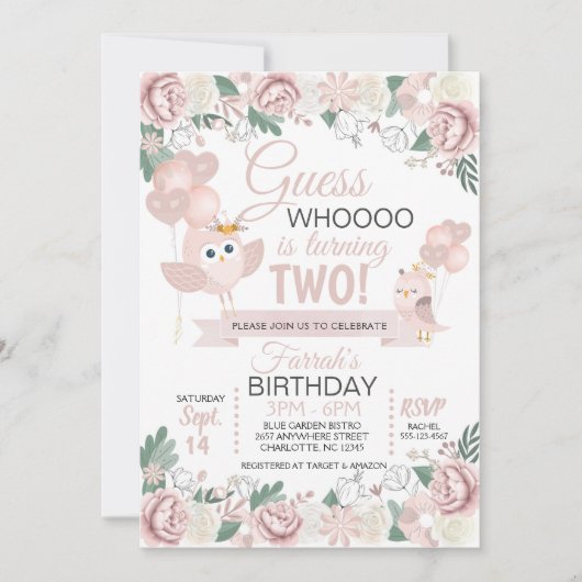 Invitation d'anniversaire de la Chouette rose (Devant)