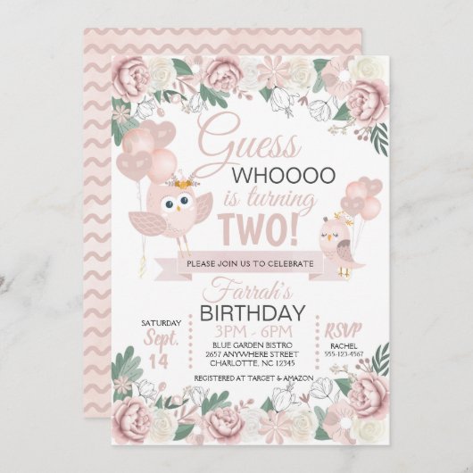 Invitation d'anniversaire de la Chouette rose (Devant / Derrière)