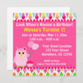 Invitation d'anniversaire de la Chouette rose (Devant / Derrière)