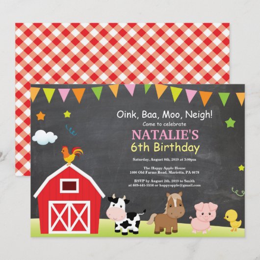 Invitation d'anniversaire de la ferme au tableau n (Devant / Derrière)