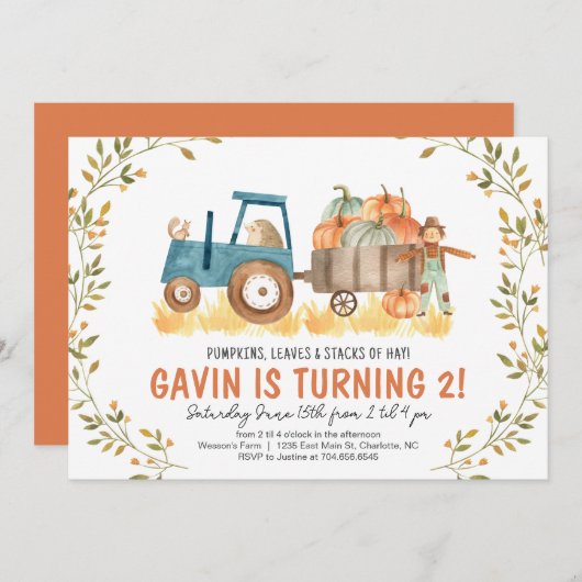 Invitation d'anniversaire de la ferme d'automne, C (Devant / Derrière)