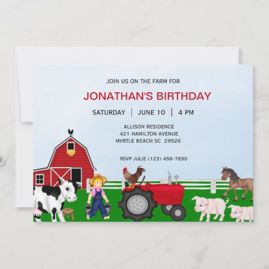 Invitation d'anniversaire de la ferme pour enfants (Devant)