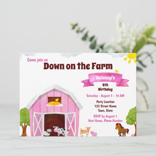 Invitation d'anniversaire de la ferme rose (Debout devant)