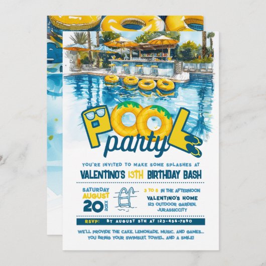 Invitation d'anniversaire de la fête de la piscine (Devant / Derrière)