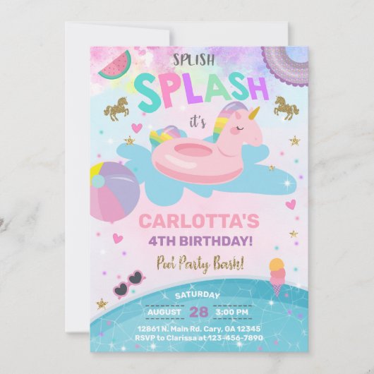 Invitation d'anniversaire de la fête de la piscine (Devant)