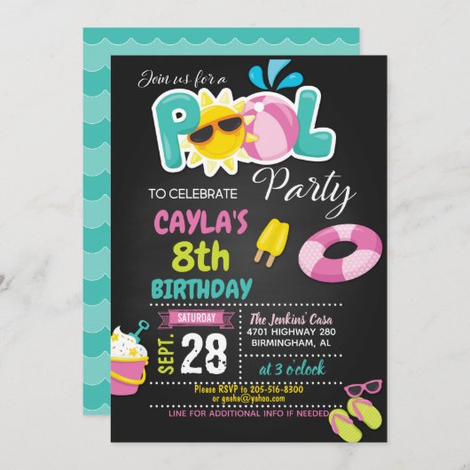 Invitation d'anniversaire de la fête de la piscine (Devant / Derrière)