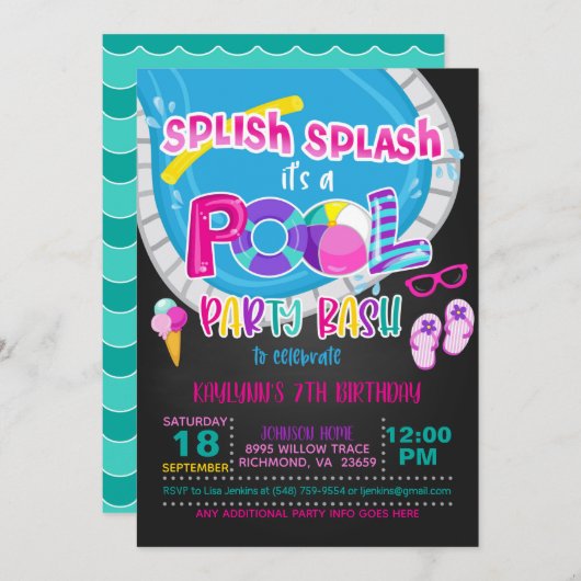 Invitation d'anniversaire de la fête de la piscine (Devant / Derrière)
