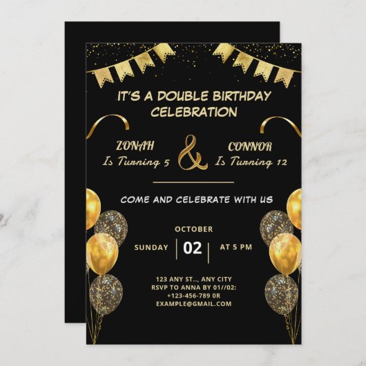 Invitation d'anniversaire de la fête double (Devant / Derrière)