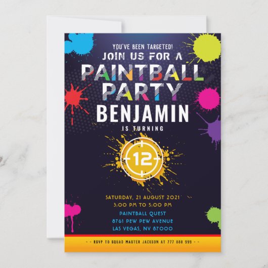 Invitation d'anniversaire de la fête du Paintball (Devant)