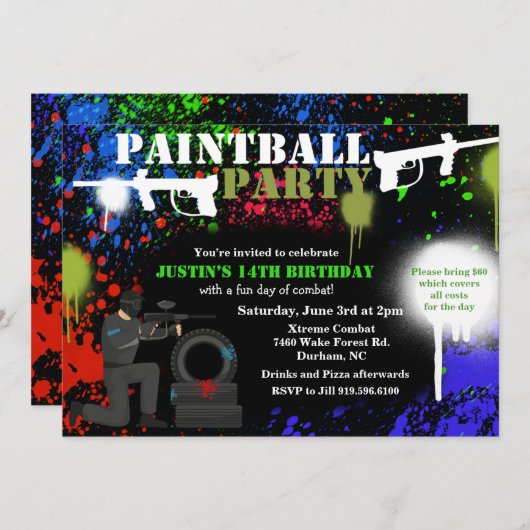 Invitation d'anniversaire de la fête du Paintball (Devant / Derrière)