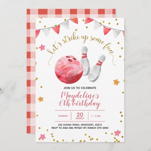 Invitation d'anniversaire de la fille Bowling (Devant / Derrière)