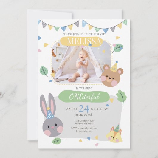 Invitation d'anniversaire de la fille d'animaux de (Devant)