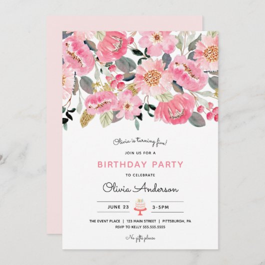 Invitation d'anniversaire de la fille de jardin fl (Devant / Derrière)