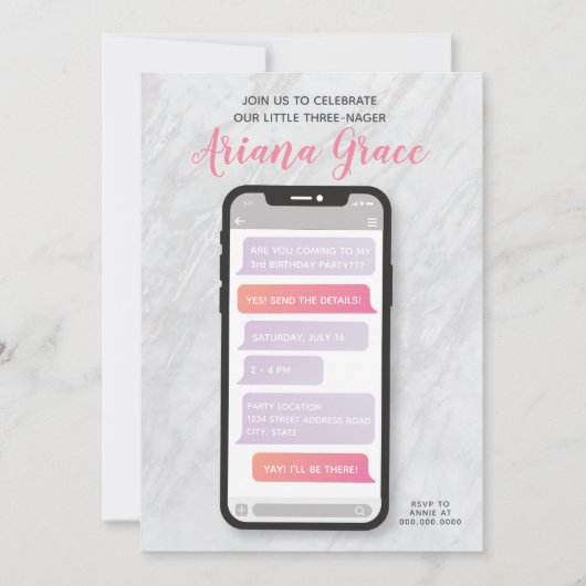 Invitation d'anniversaire de la fille de trois ans (Devant)