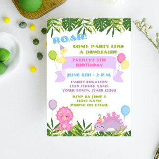 Invitation d'anniversaire de la fille Dinosaur