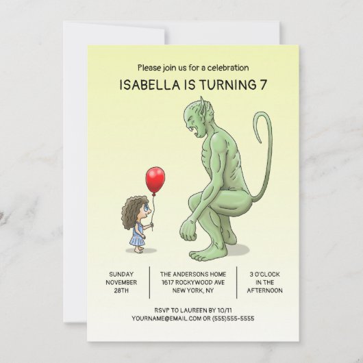Invitation d'anniversaire de la fille et du troll (Devant)