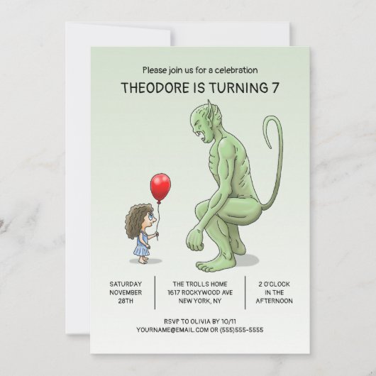 Invitation d'anniversaire de la fille et du troll (Devant)