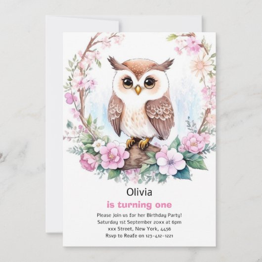 Invitation d'anniversaire de la fille Owl (Devant)