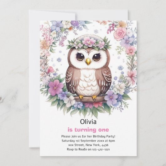 Invitation d'anniversaire de la fille Owl (Devant)