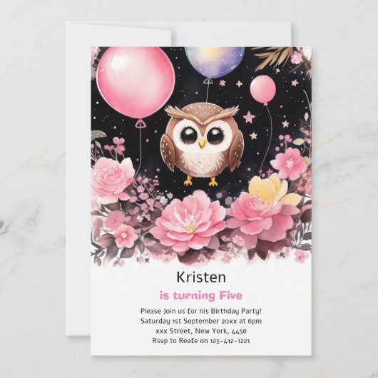 Invitation d'anniversaire de la fille Owl Kids (Devant)