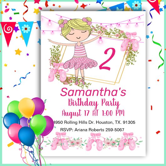 Invitation d'anniversaire de la fille rose Balleri