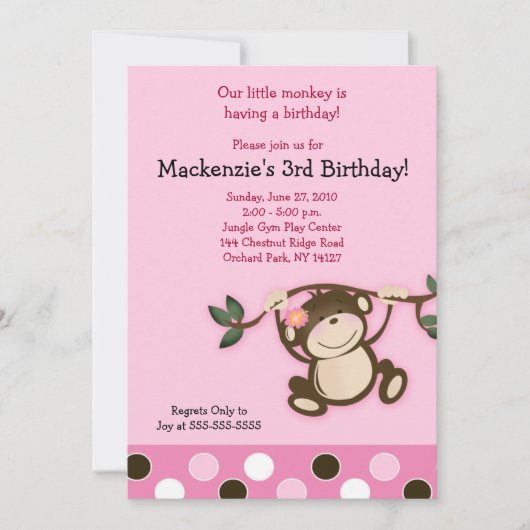 Invitation d'anniversaire de la fille singe rose (Devant)
