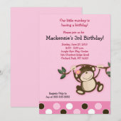 Invitation d'anniversaire de la fille singe rose (Devant / Derrière)