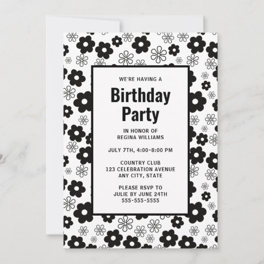 Invitation d'anniversaire de la florale noire et b (Devant)
