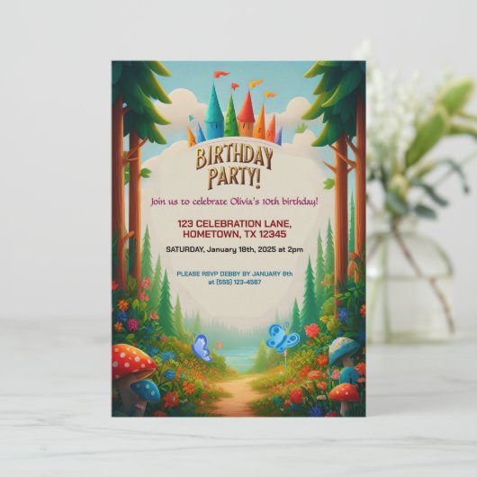 Invitation d'anniversaire de la forêt de Fairytale (Debout devant)