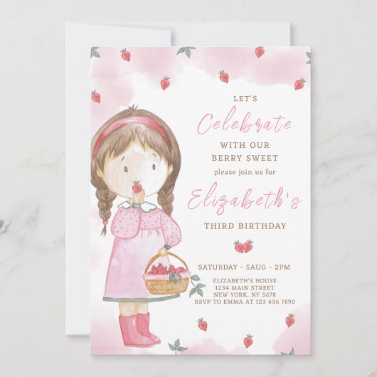 Invitation d'anniversaire de la fraise fille (Devant)