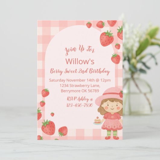 Invitation d'anniversaire de la fraise fille | Ros (Debout devant)