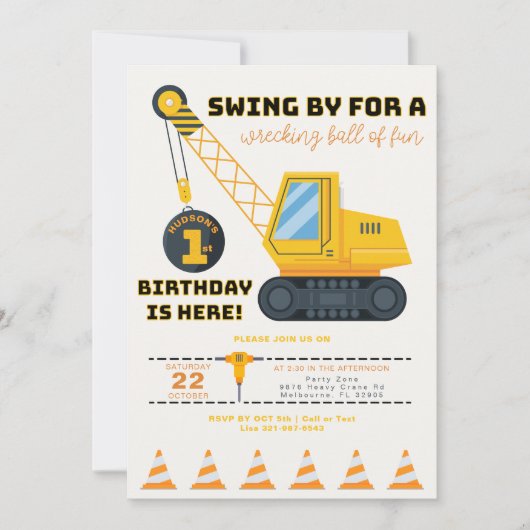 Invitation d'anniversaire de la grue de constructi (Devant)