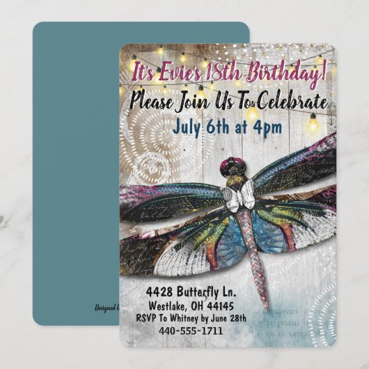 Invitation d'anniversaire de la libellule de Starg (Devant / Derrière)