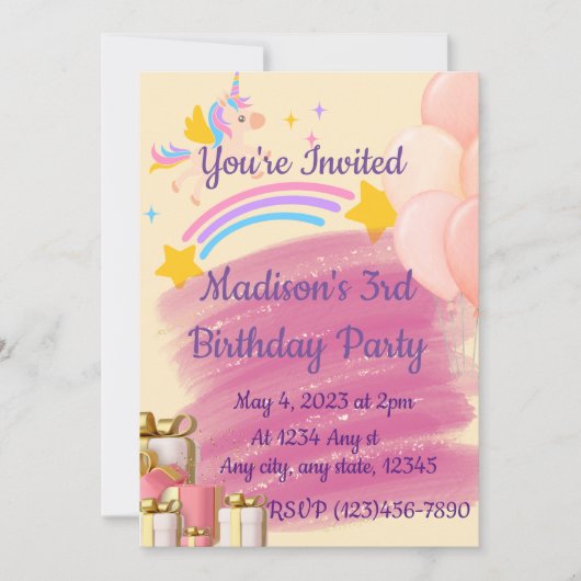 Invitation d'anniversaire de la licorne (Devant)