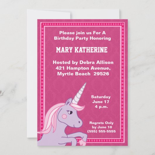 Invitation d'anniversaire de la licorne (Devant)