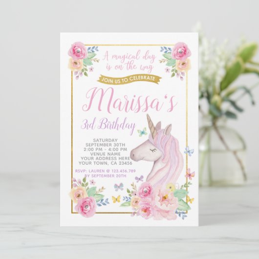 Invitation d'anniversaire de la licorne (Debout devant)