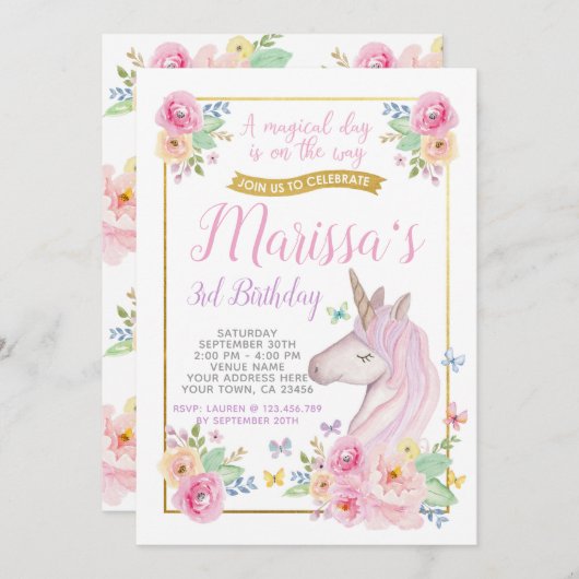 Invitation d'anniversaire de la licorne (Devant / Derrière)