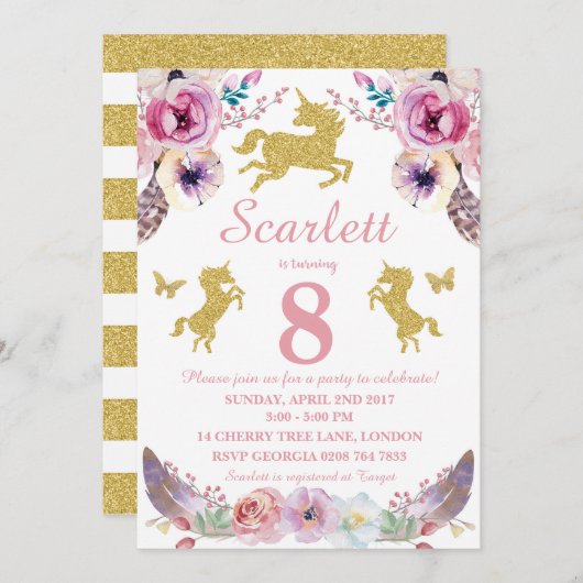 Invitation d'anniversaire de la licorne (Devant / Derrière)