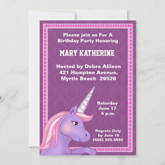 Invitation d'anniversaire de la licorne (Devant)