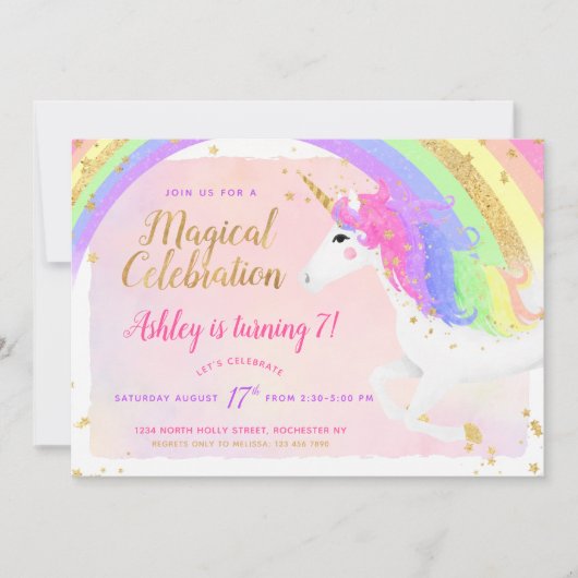 Invitation d'anniversaire de la licorne | Arc-en-c (Devant)