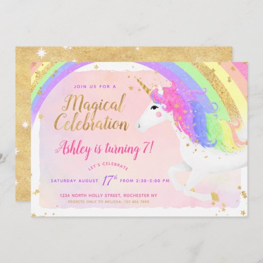 Invitation d'anniversaire de la licorne | Arc-en-c (Devant / Derrière)