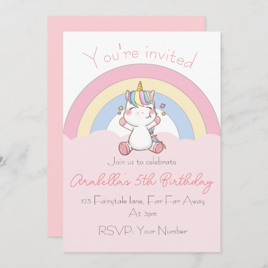 invitation d'anniversaire de la licorne arc-en-cie (Devant / Derrière)