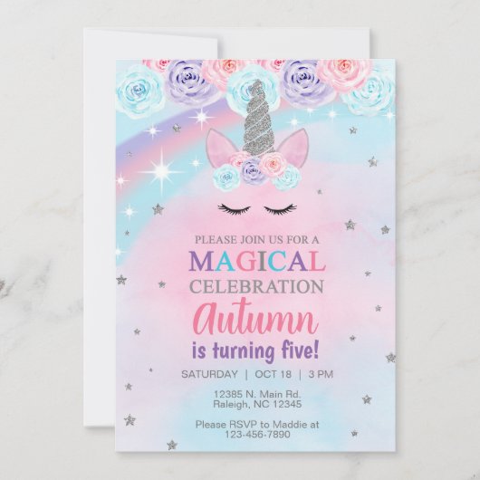 Invitation d'anniversaire de la licorne bleu rose (Devant)
